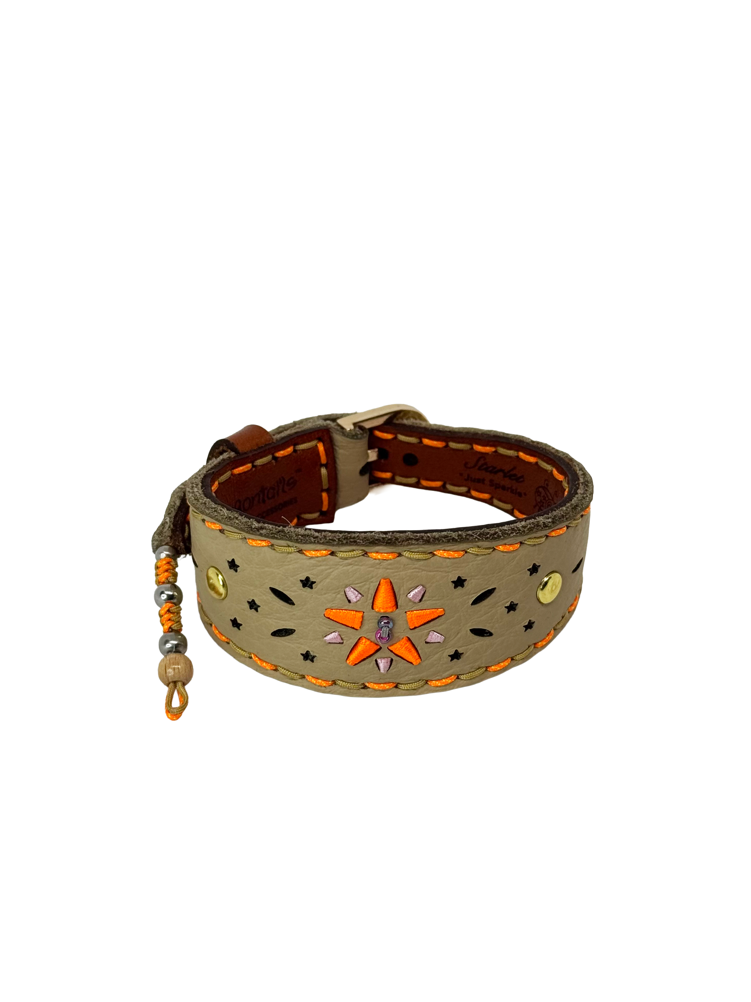 Decorative leather bracelet with star and bead embellishments on a white background
Details