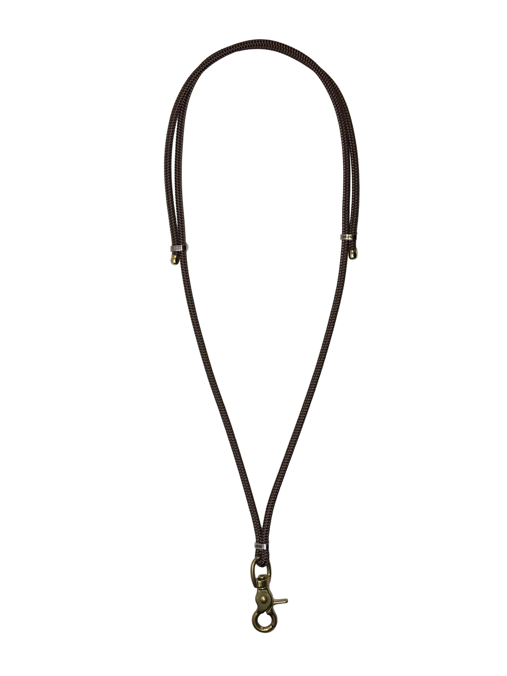 Brown leather lanyard with a metal clasp on a white background