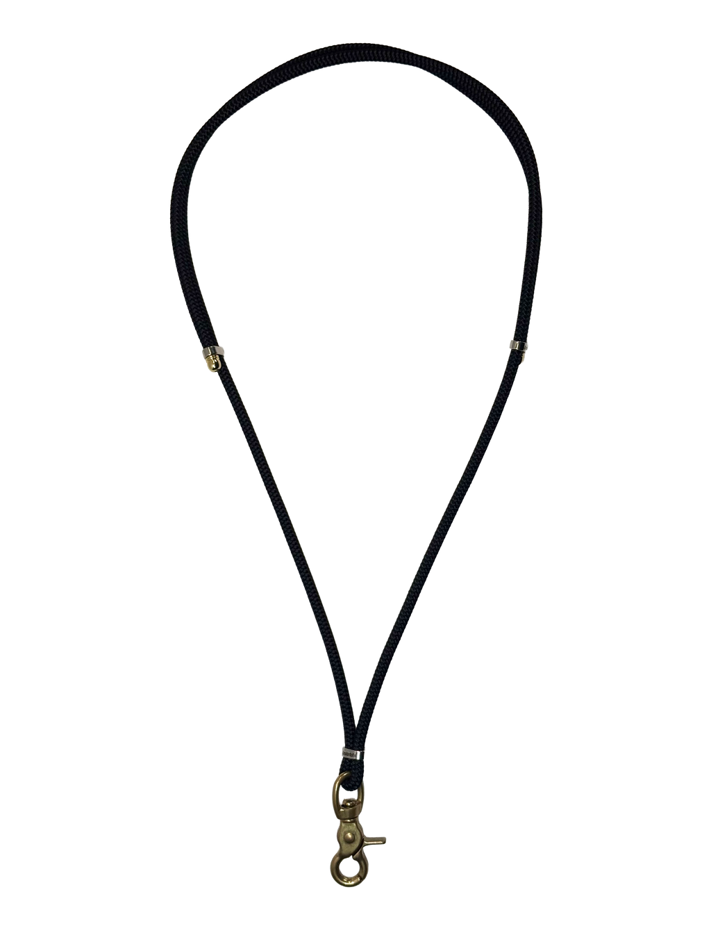Black lanyard with a gold clasp on a white background