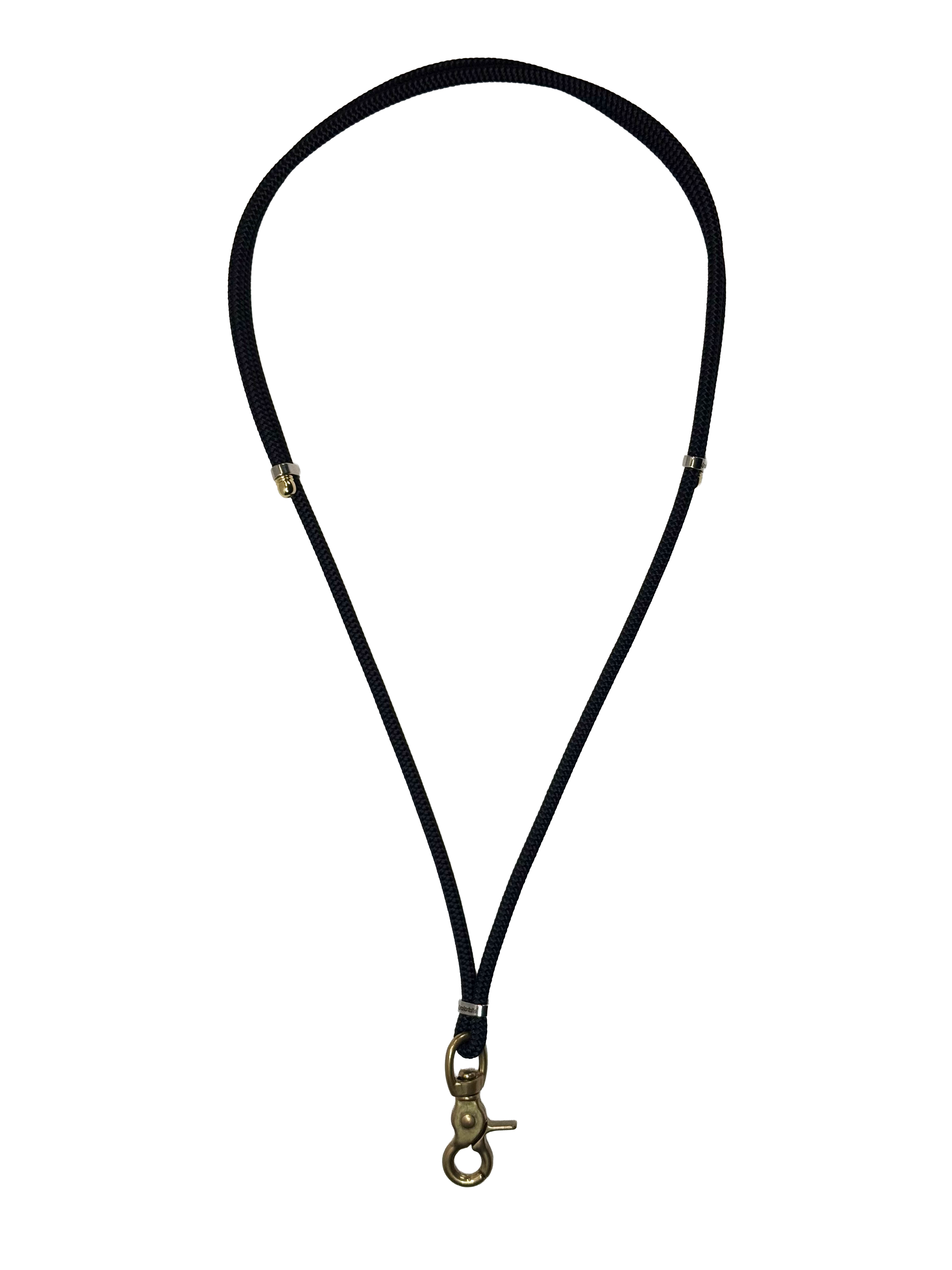 Black lanyard with a gold clasp on a white background