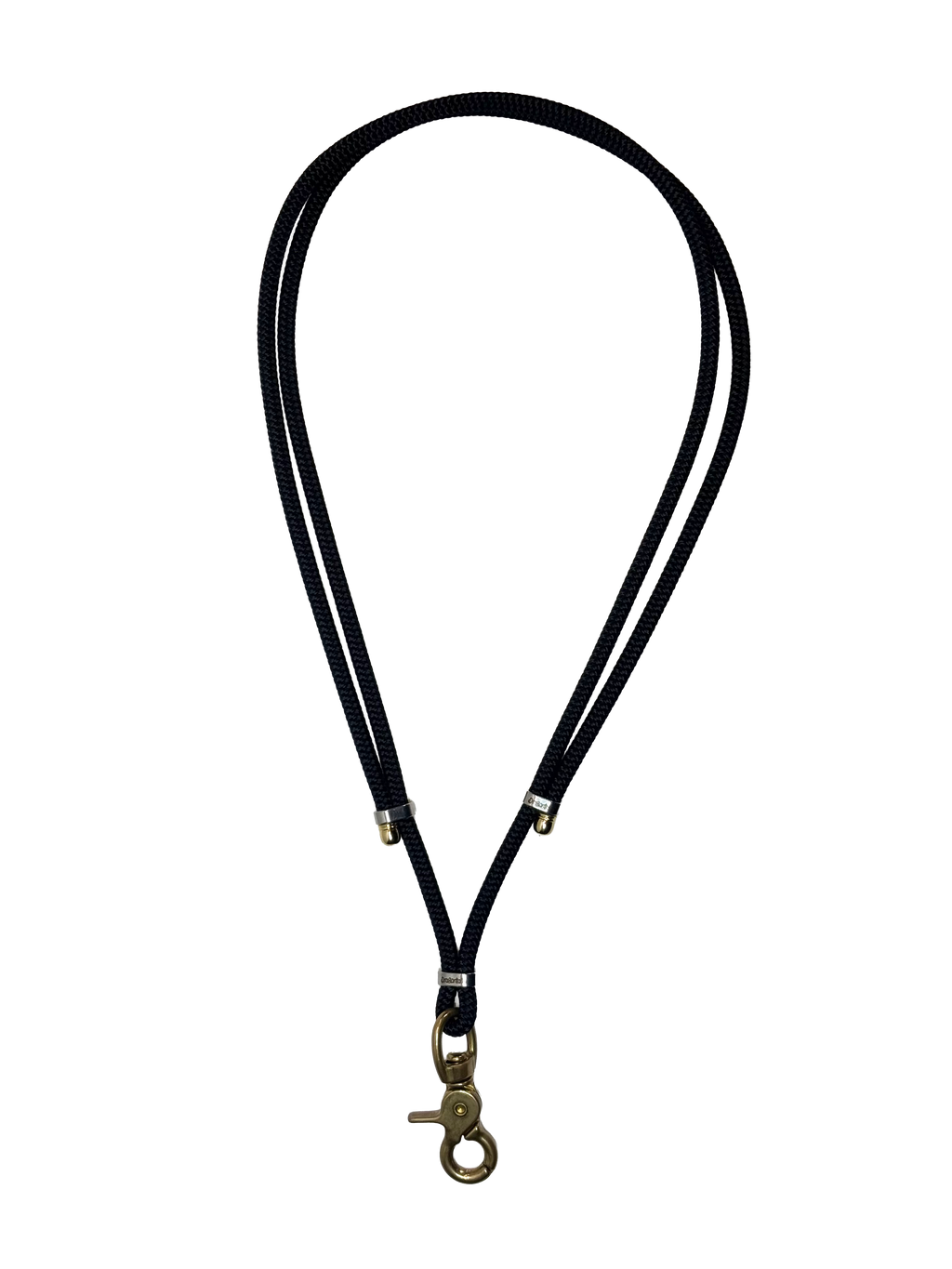 Black lanyard with a metal clip on a white background