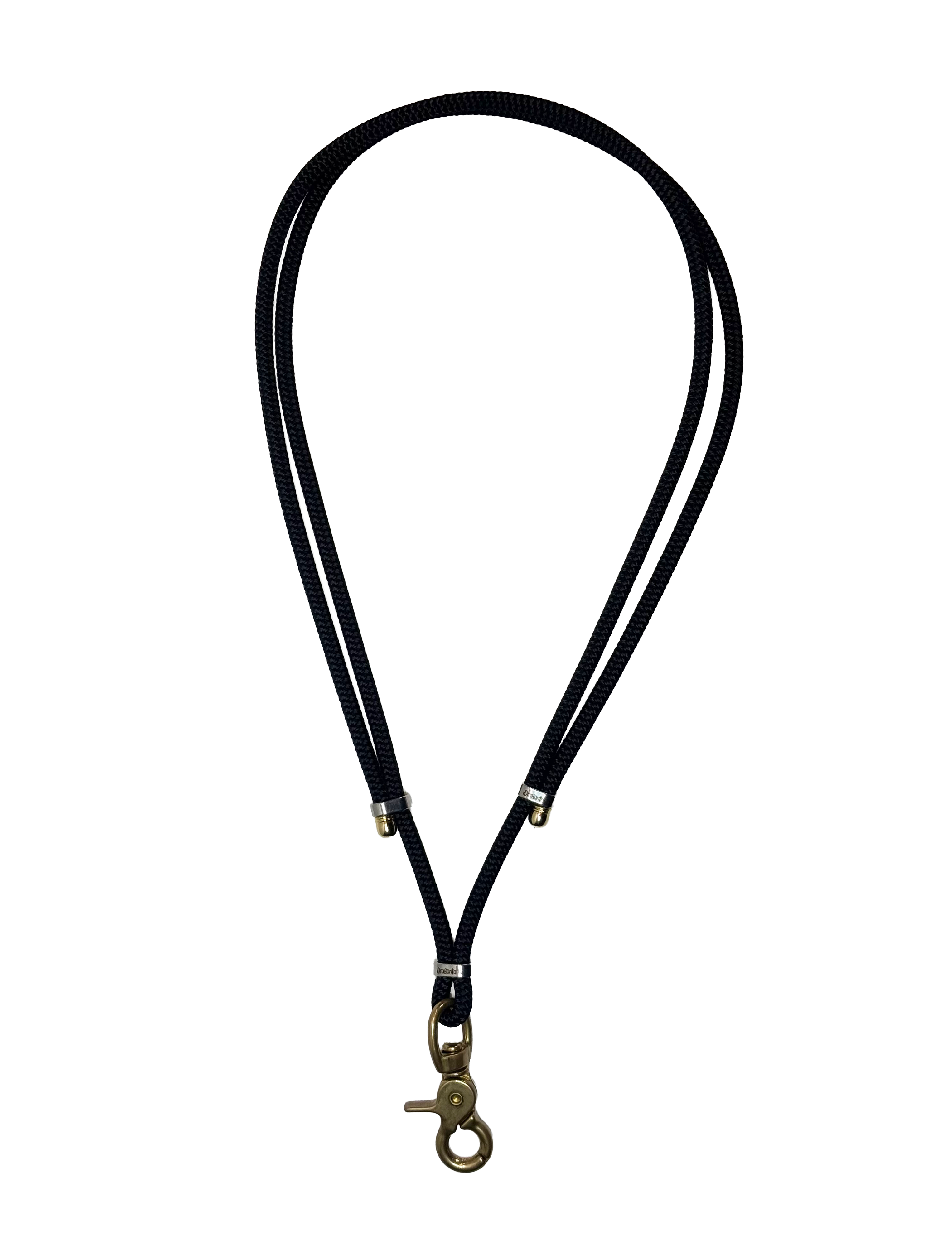 Black lanyard with a metal clip on a white background