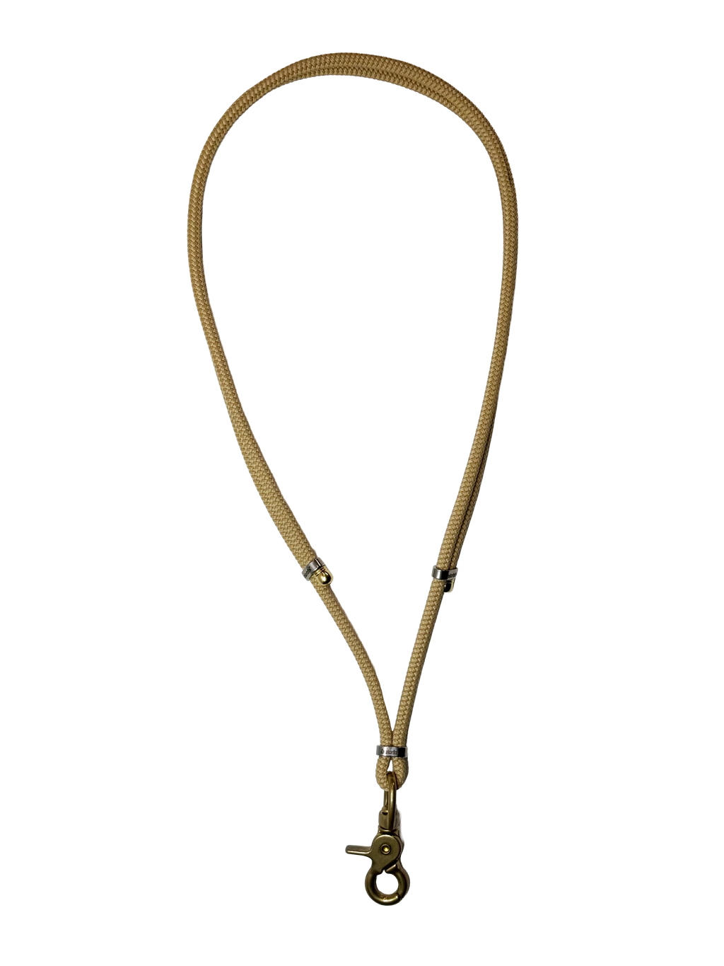 Beige lanyard with a metal clasp on a white background