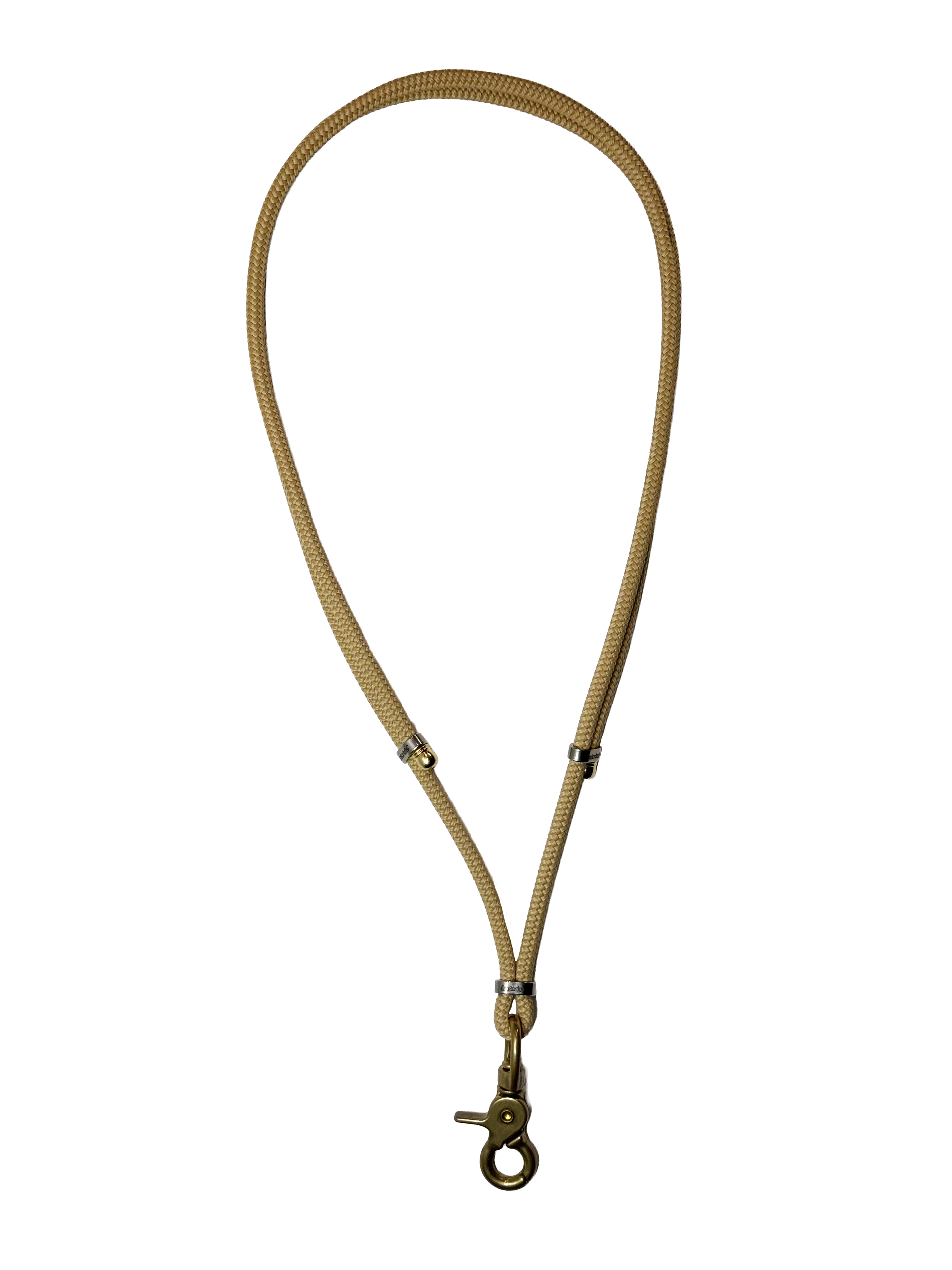 Beige lanyard with a metal clasp on a white background