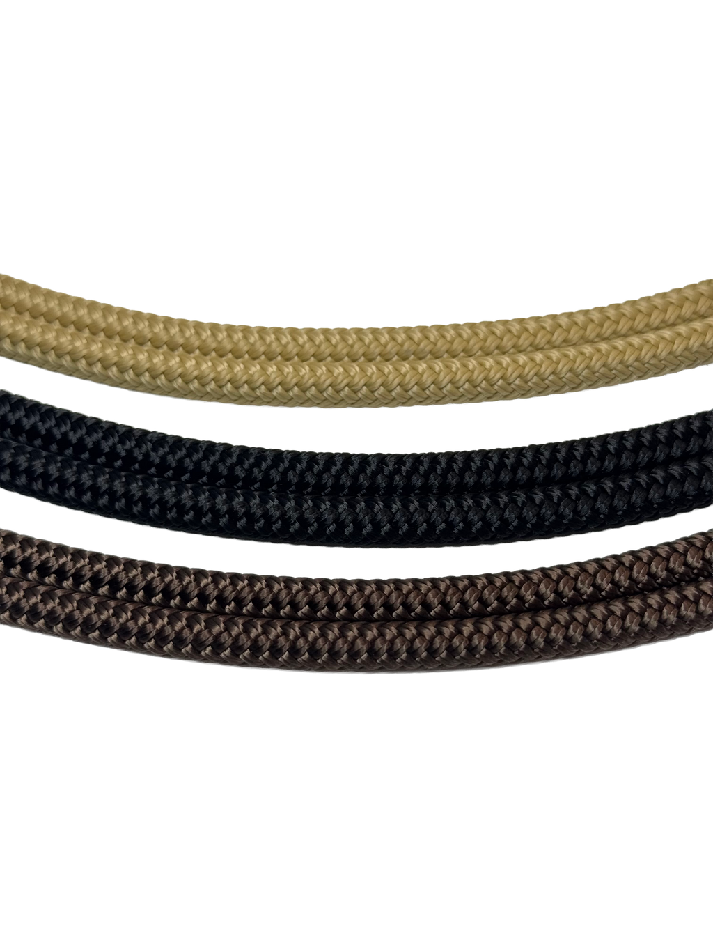 Three strands of braided rope in black, brown, and beige on a white background