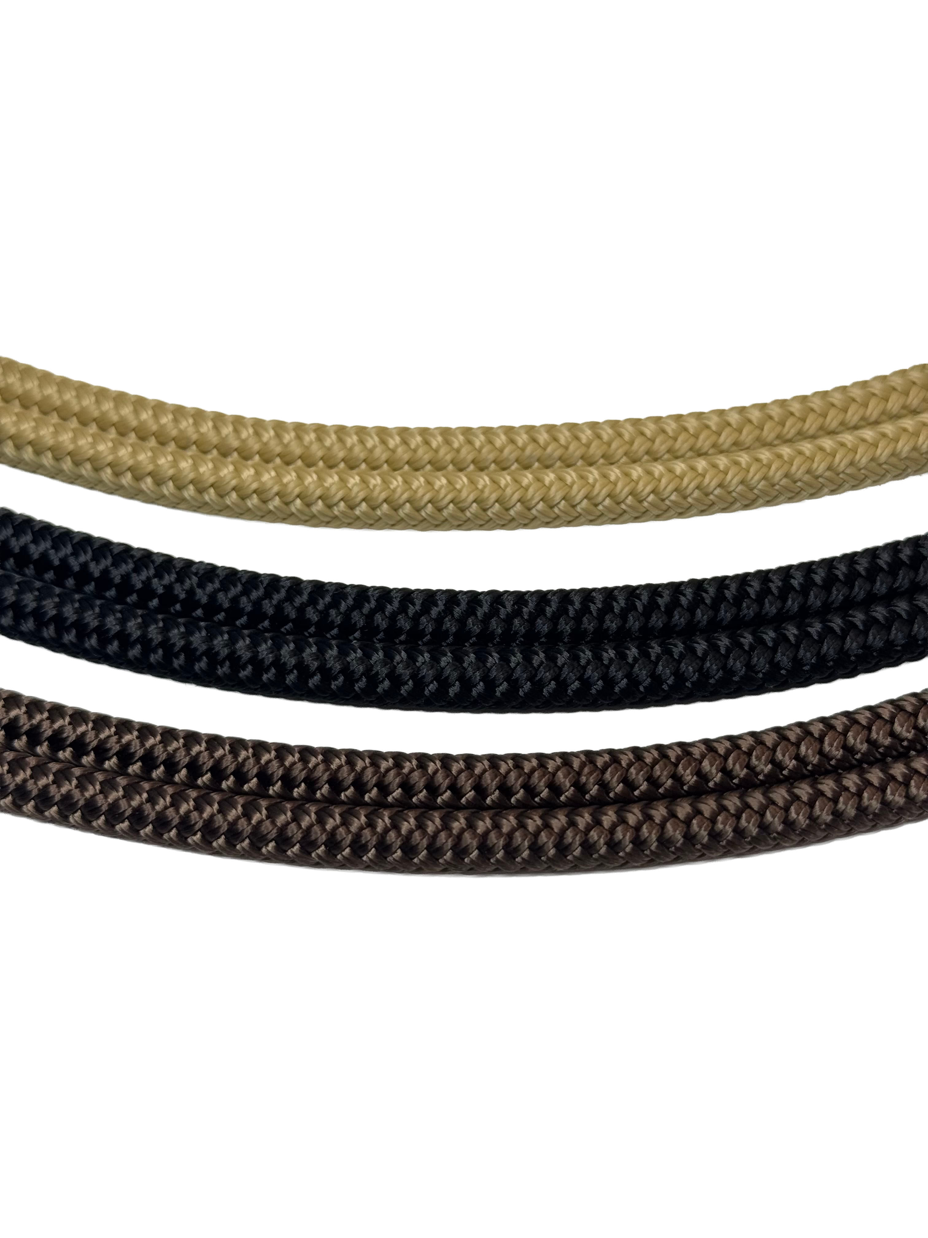 Three strands of braided rope in black, brown, and beige on a white background