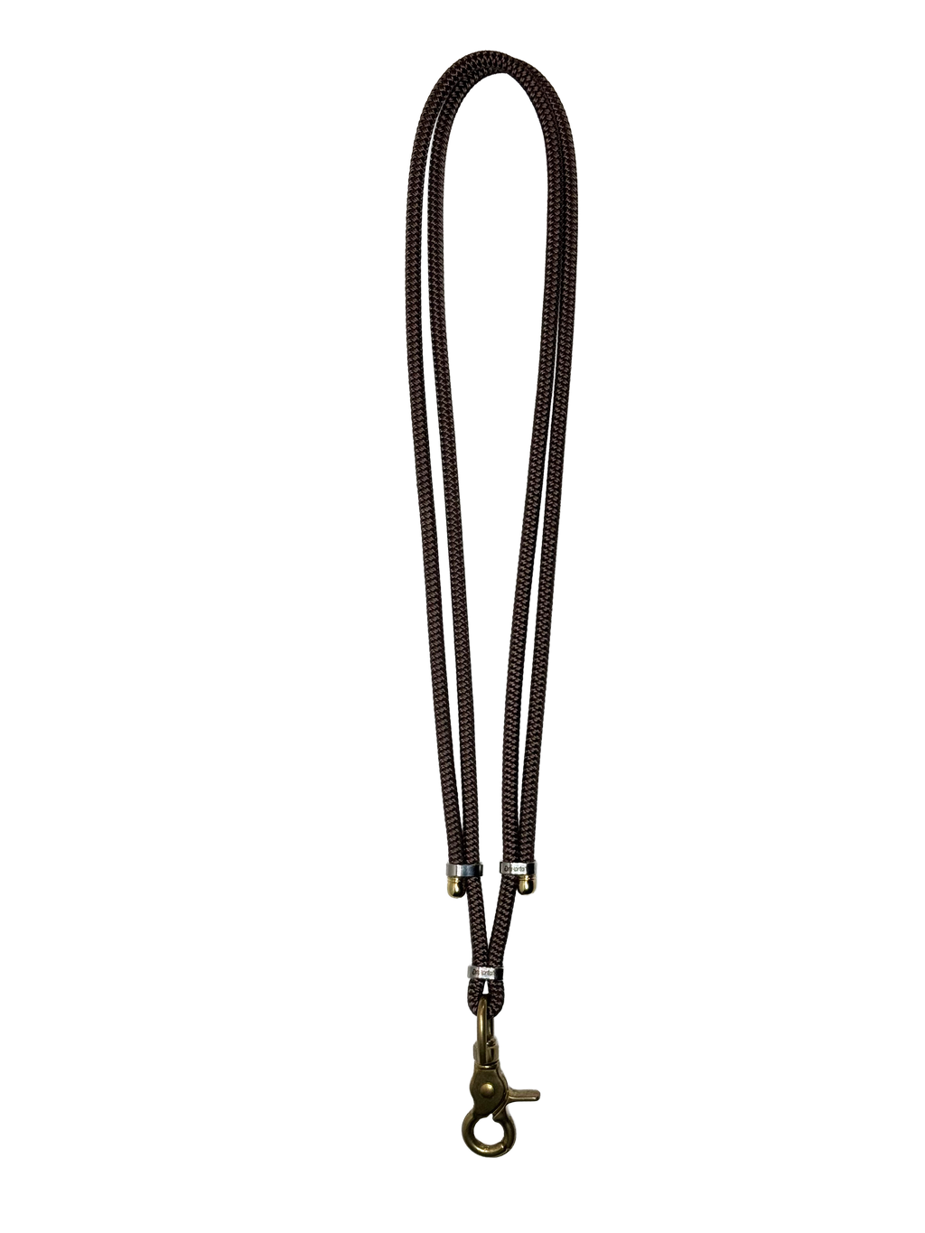 Black lanyard with a metal clip on a white background