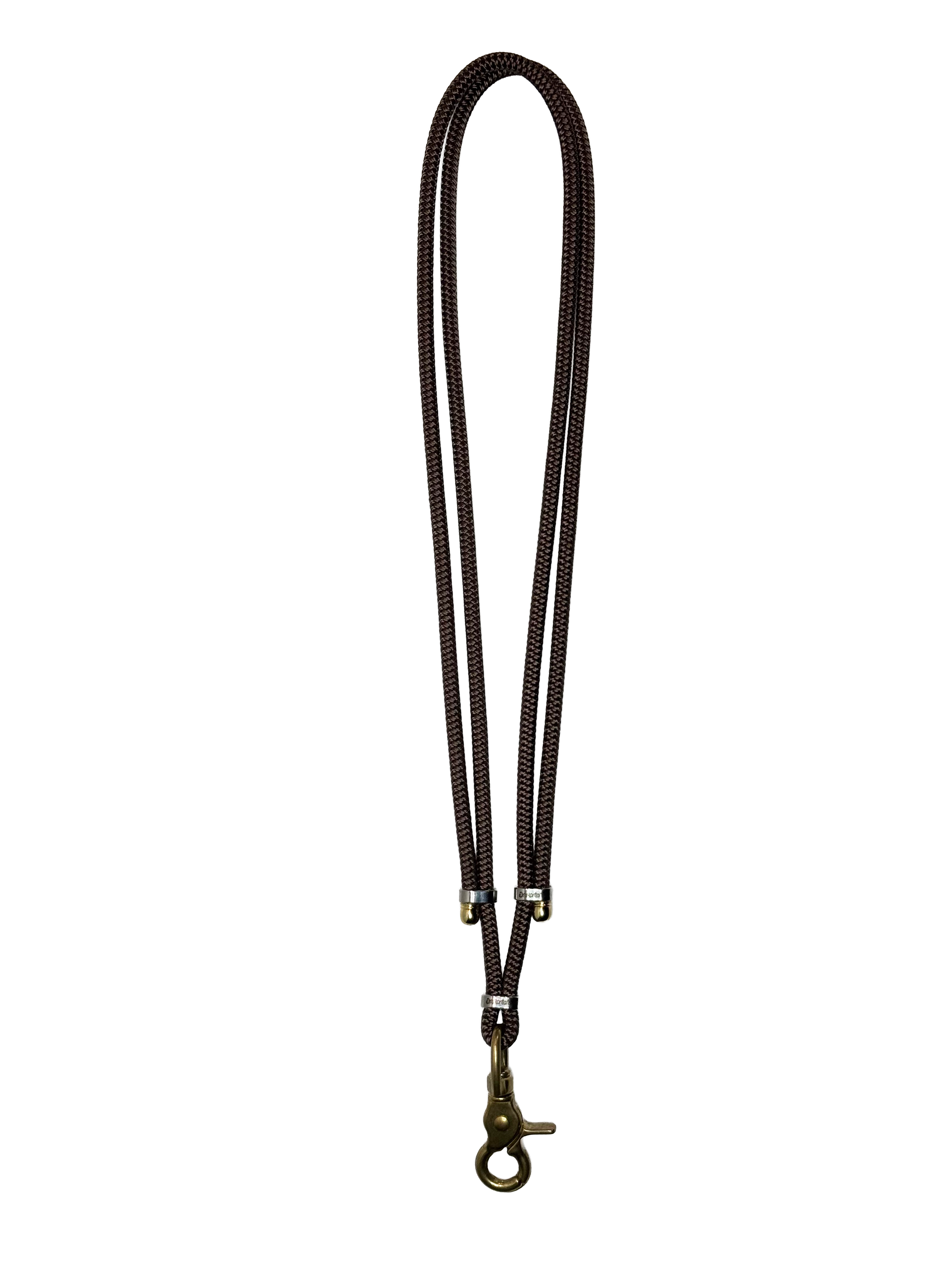 Black lanyard with a metal clip on a white background